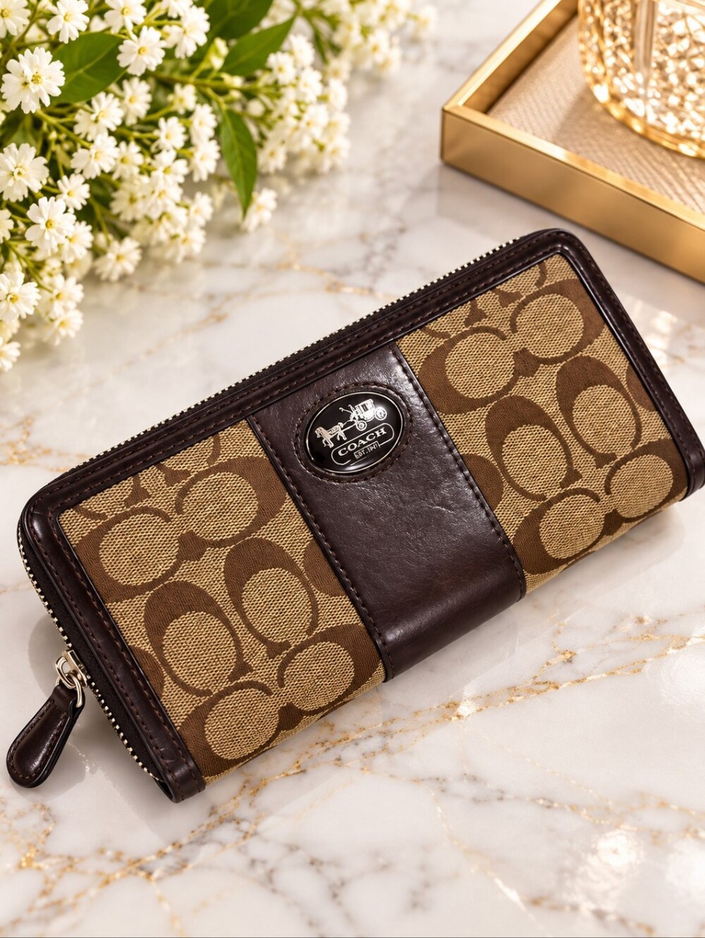 Coach Signature C Brown Canvas Leather Zip Around Long Women's Wallet Gold Logo